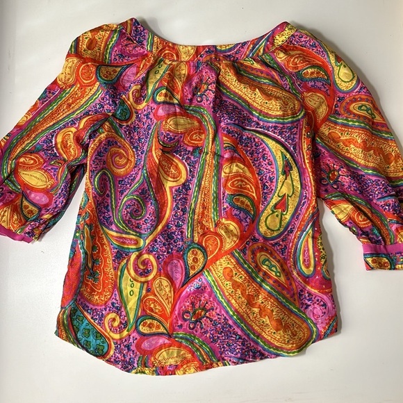 Trina Turk Multicolored Half Sleeve Button Up Blouse 100% Silk Sz P G - Picture 2 of 4